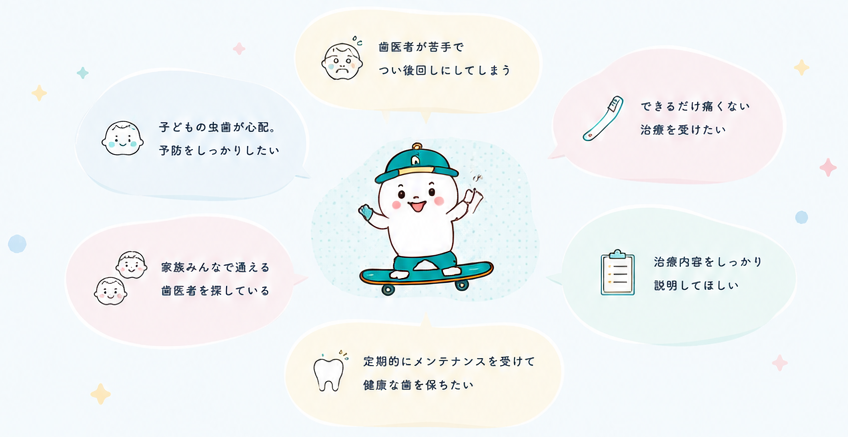 歯医者が苦手、子どもの虫歯が心配、できるだけ痛くない治療を受けたいなどのお悩み